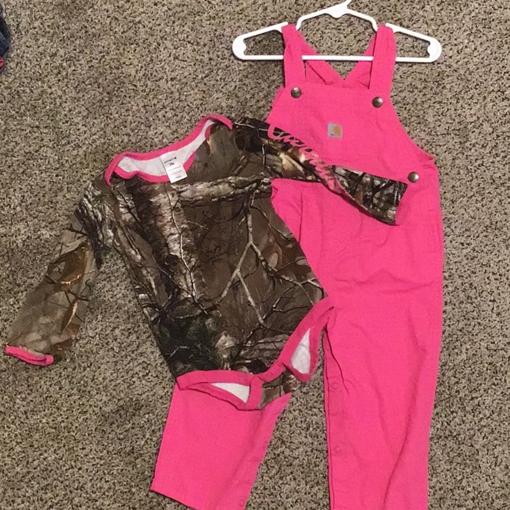 Pink Carhartt overalls with Camo top